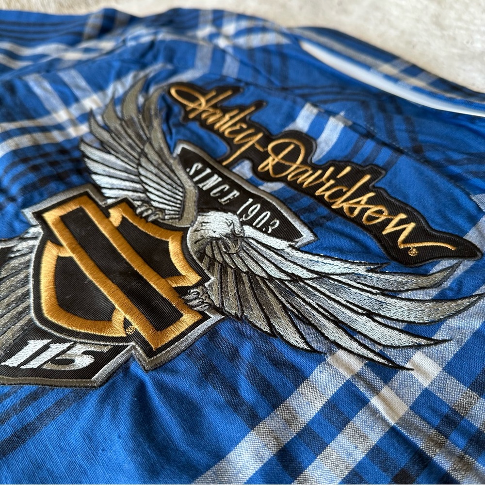 Harley Davidson 115 Years Special Edition Blue Plaid Short Sleeve Button Down